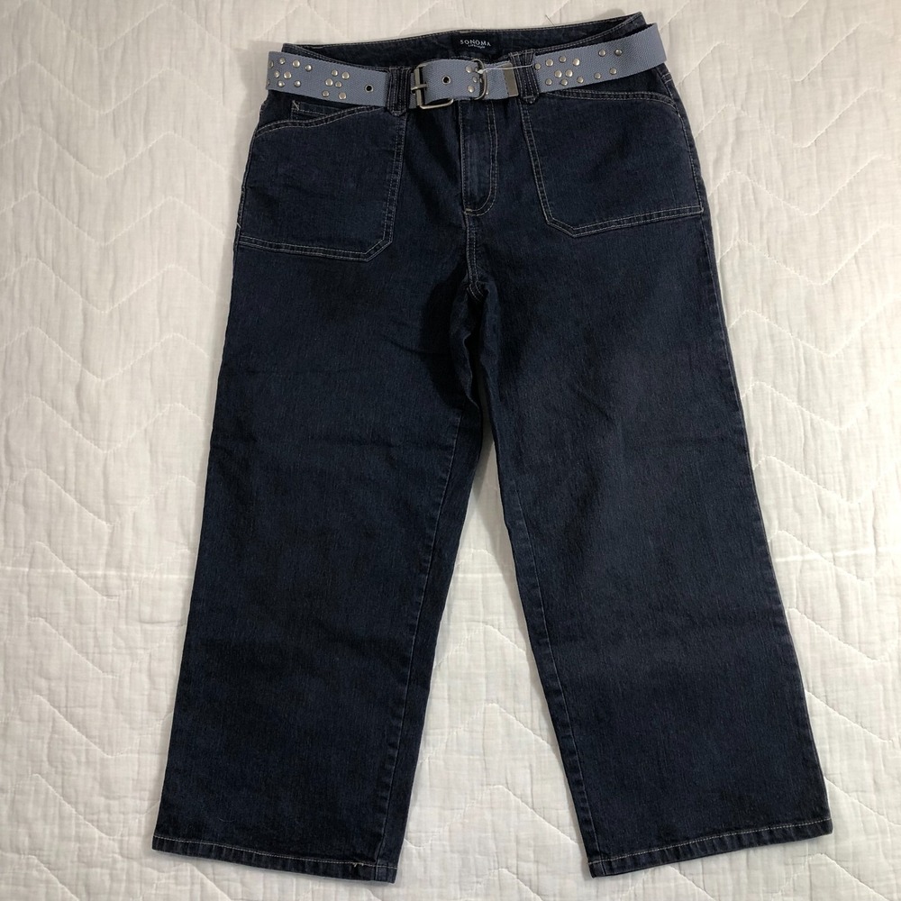 Sonoma Capri Jeans‎ Women's 10 Denim Dark Blue Belt Embellished Embroidered NWT